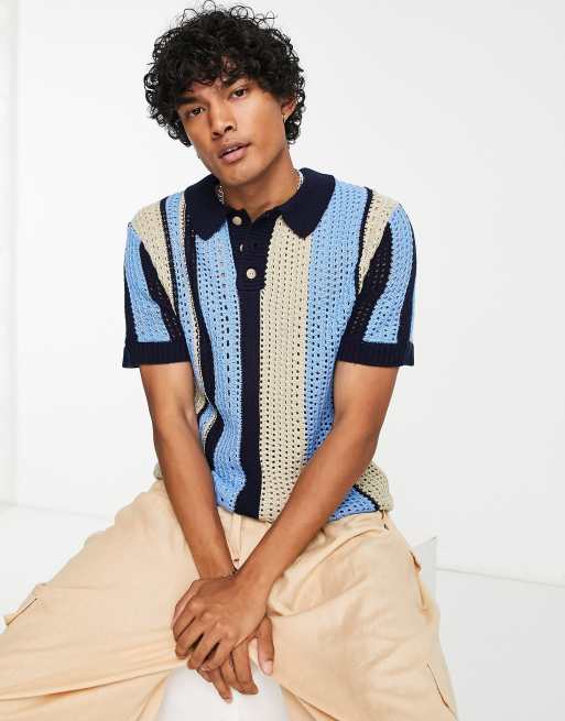 COLLUSION knitted crochet polo shirt in blue stripe 