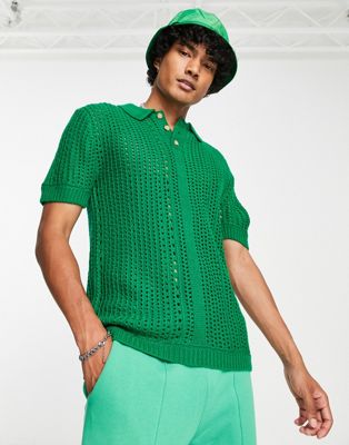COLLUSION knitted crochet polo shirt in bright green - ASOS Price Checker