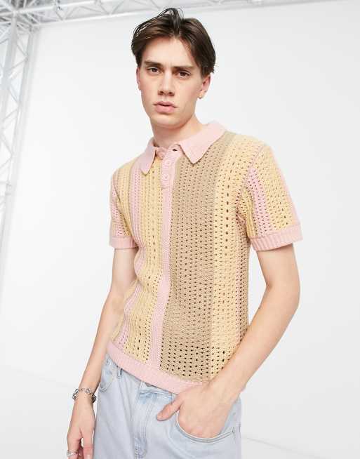 COLLUSION knitted crochet polo shirt in multi stripe