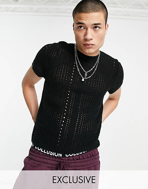 COLLUSION knitted crochet t-shirt in black