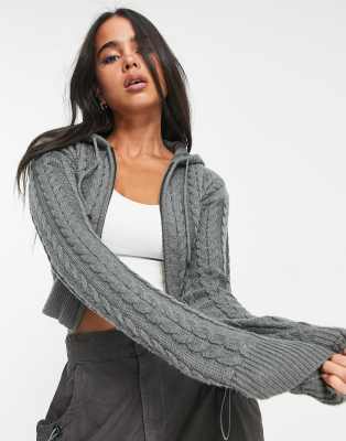 COLLUSION knitted cropped ribbed hoodie in grey marl