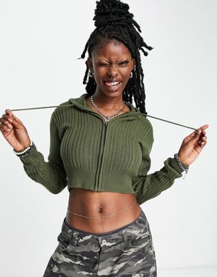 COLLUSION knitted cropped ribbed hoodie in khaki