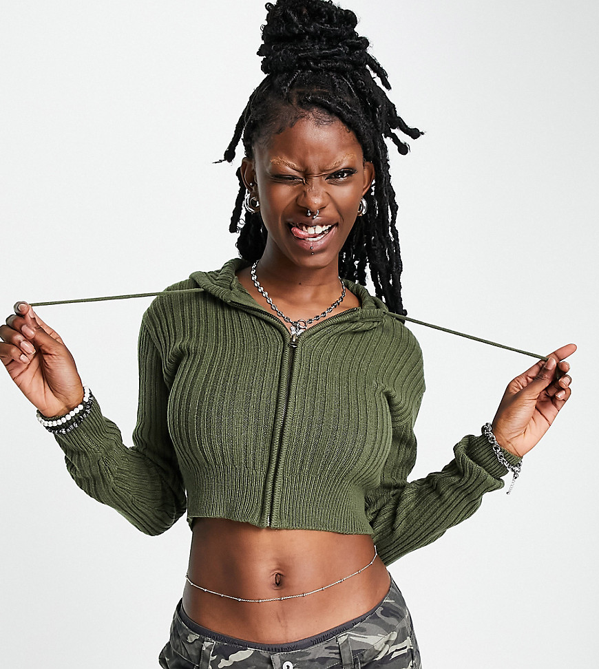 COLLUSION knitted cropped ribbed hoodie in khaki-Green