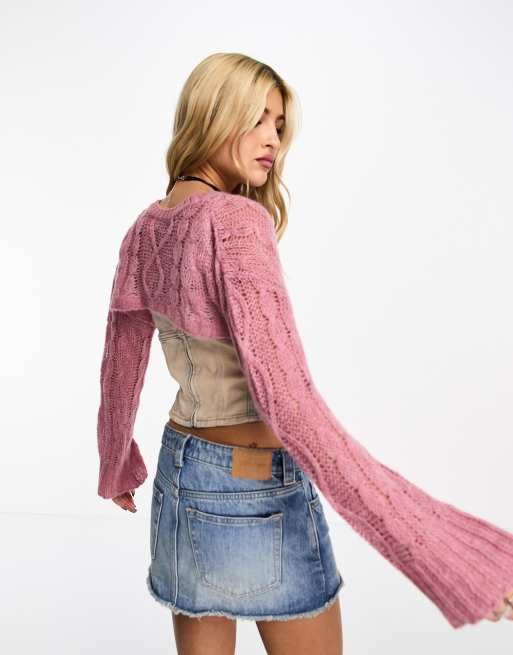 COLLUSION knitted cropped shrug sweater in dusty pink