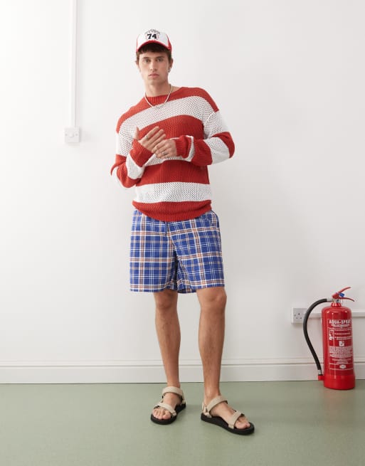 COLLUSION knitted crotchet stripe jumper in red, 4 of 4