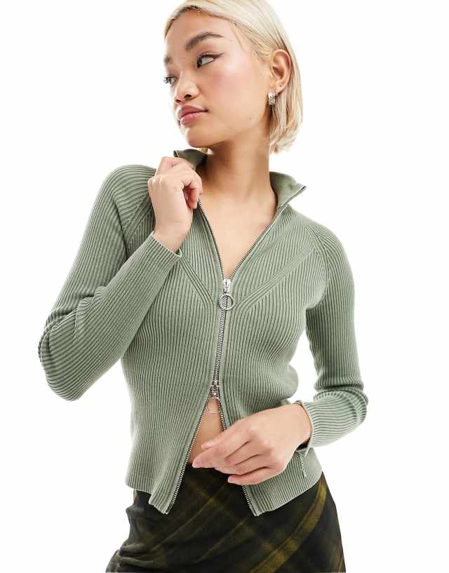 Collusion - knitted double edge zip track top in washed khaki