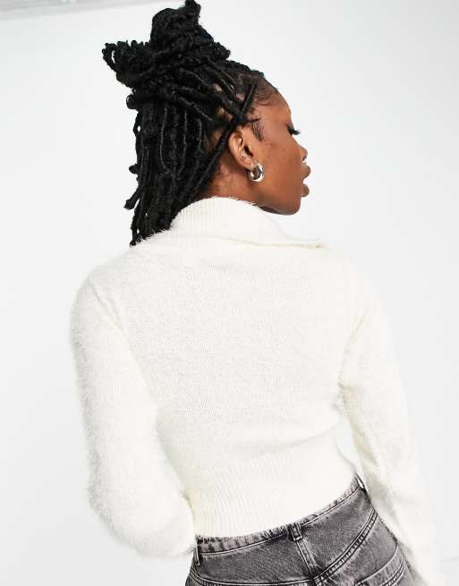 COLLUSION knitted eyelash sweater with oversized zip collar in cream