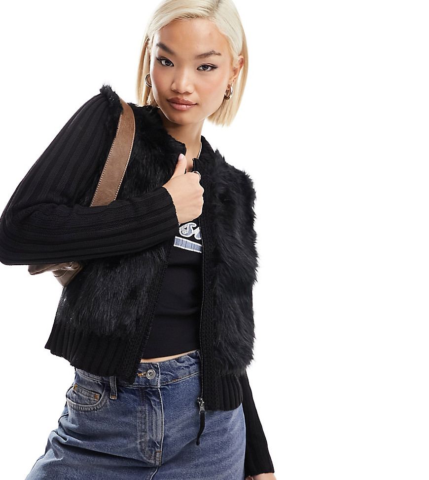 COLLUSION knitted faux fur jumper jacket in black
