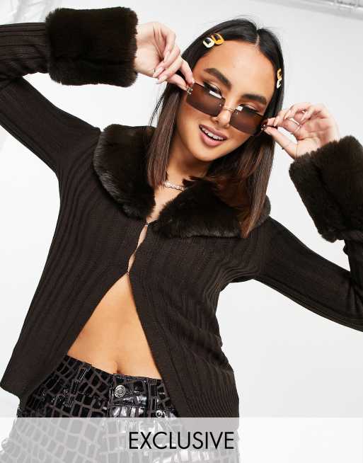 COLLUSION knitted faux fur trim cardigan in chocolate brown