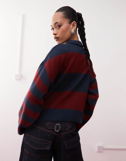 COLLUSION knitted fluffy striped jumper in navy and burgundy ASOS