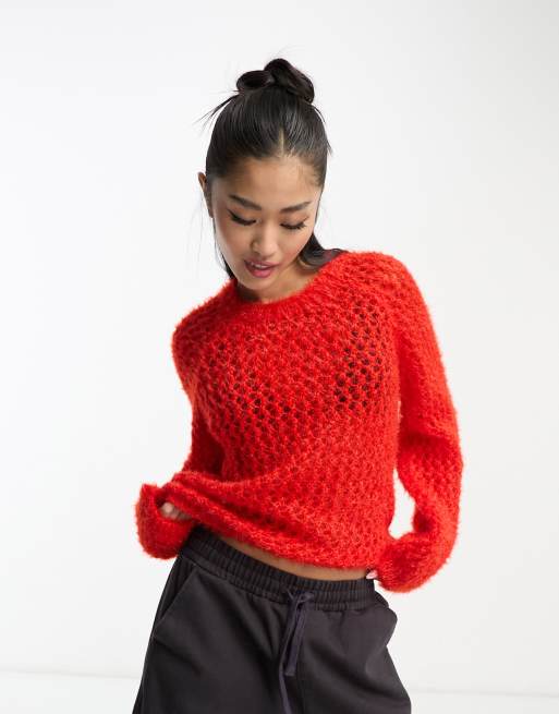 COLLUSION knitted fluffy textured sweater in bright red 