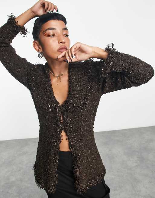 COLLUSION knitted fringed cardigan in dark brown ASOS