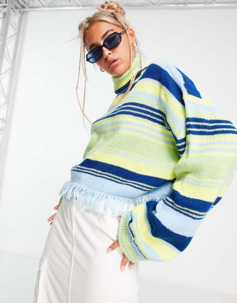 COLLUSION knitted fringed roll neck jumper in multi striped print