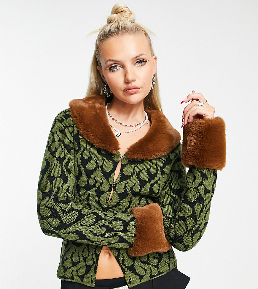 Collusion Knitted Fur Trim Split Front Cardigan In Khaki And Brown Jacquard-multi