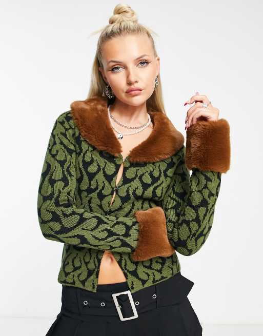 COLLUSION knitted fur trim split front cardigan in khaki and brown jacquard 