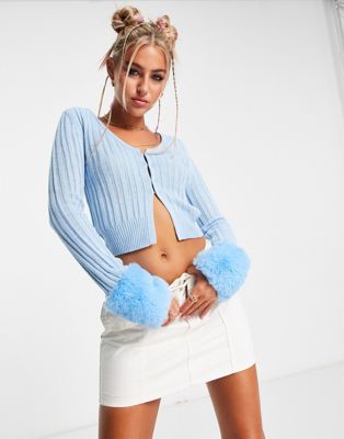COLLUSION knitted fur trim split front cardigan in mid blue