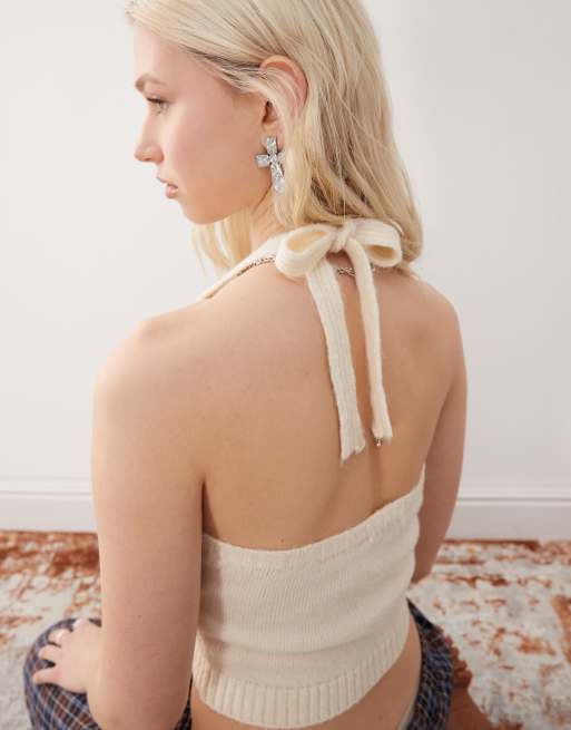COLLUSION knitted halter top in ecru, 2 of 4