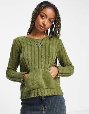 COLLUSION knitted hoodie with faux fur trim in khaki | ASOS