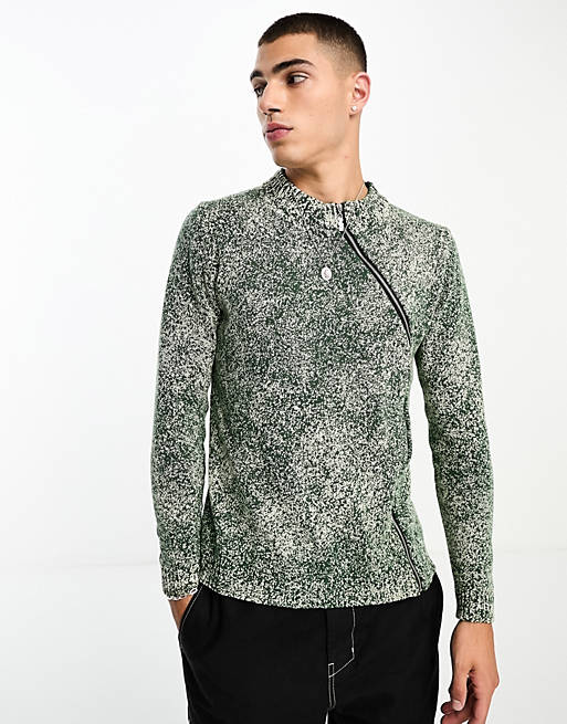 COLLUSION knitted jumper with asymmetric zip in washed green | ASOS