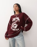 [Collusion] COLLUSION knitted jumper with dragon graphic in burgundy-Red XS BURGUNDY
