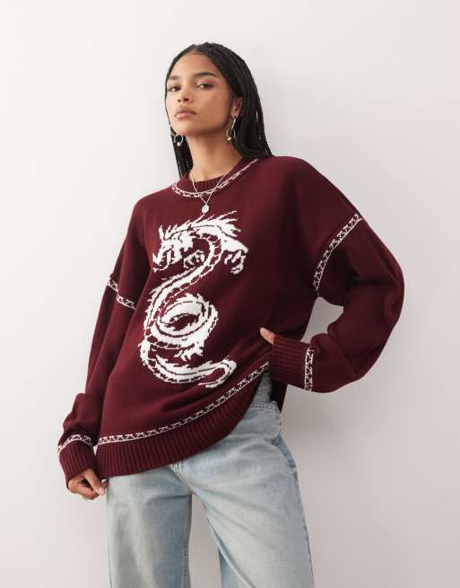 COLLUSION knitted jumper with dragon graphic in burgundy