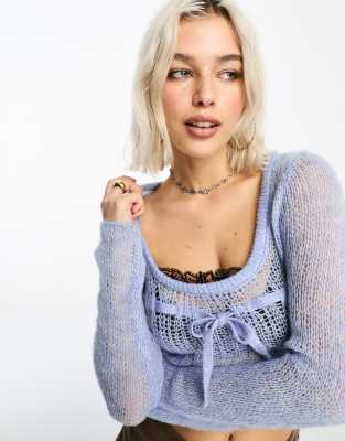 Collusion COLLUSION knitted lace trim crop top in blue