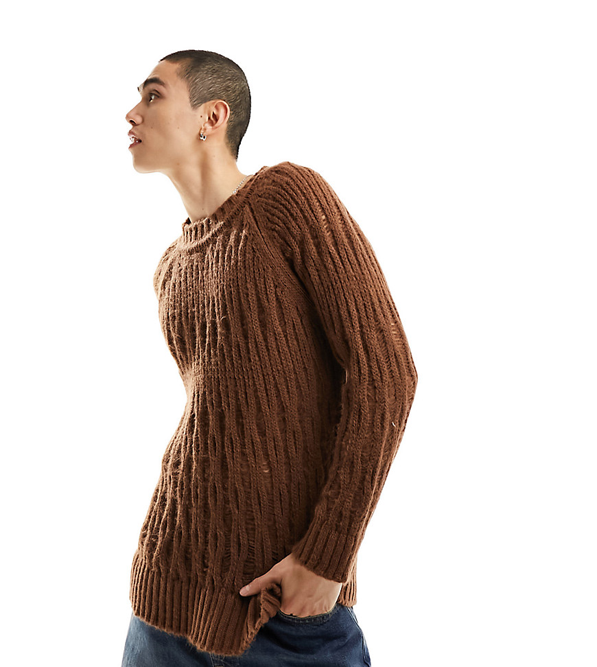 COLLUSION knitted laddered crewneck jumper in brown