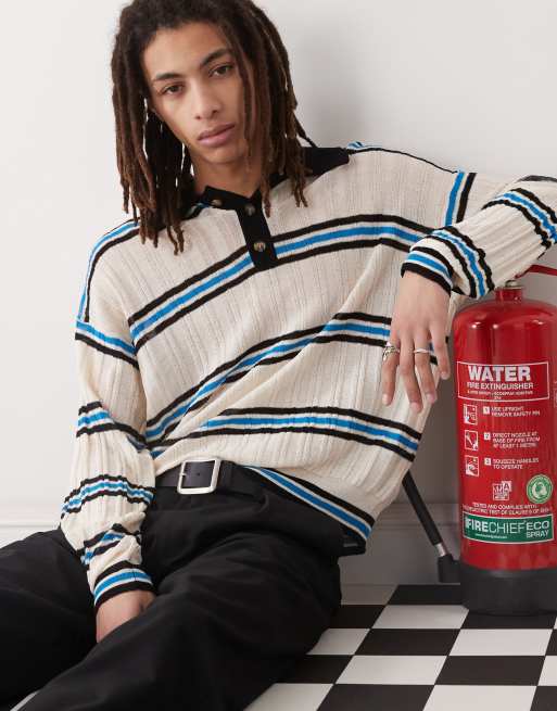 COLLUSION knitted light weight long sleeve polo jumper in cream, 2 of 4