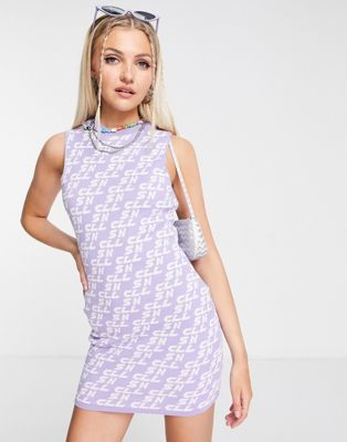 COLLUSION knitted mini dress with text print in lilac and white