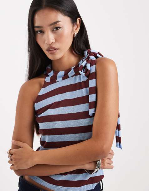 COLLUSION knitted neck tie top in chocolate and blue shimmer stripe - view 1