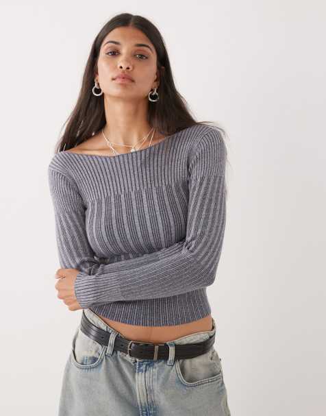 COLLUSION knitted off shoulder washed long sleeve top - view 1