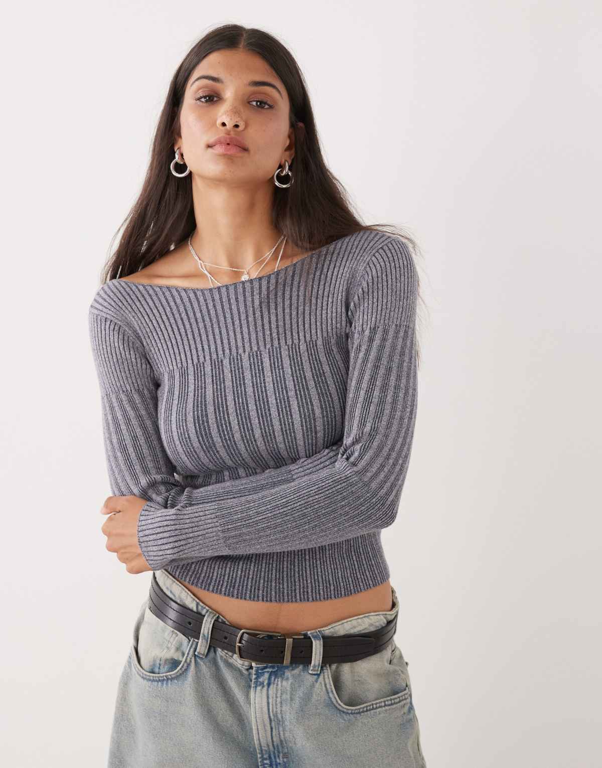COLLUSION knitted off shoulder washed long sleeve top