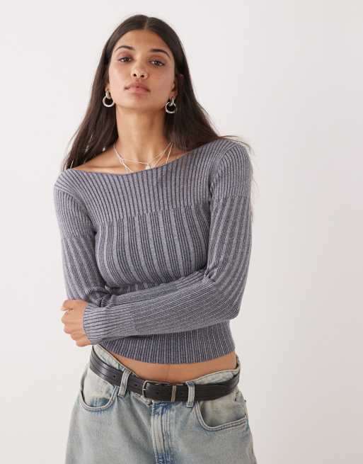 COLLUSION knitted off shoulder washed long sleeve top, 2 of 4