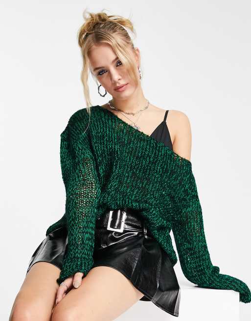 COLLUSION knitted off the shoulder jumper in green and black multi yarn ASOS