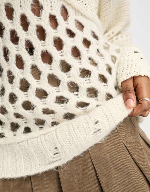 COLLUSION knitted open stitch detail oversized jumper in ecru, 2 of 4
