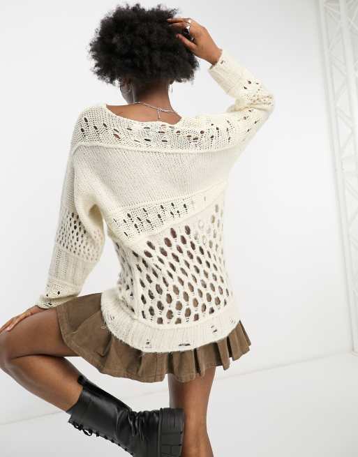COLLUSION knitted open stitch detail oversized jumper in ecru, 3 of 4