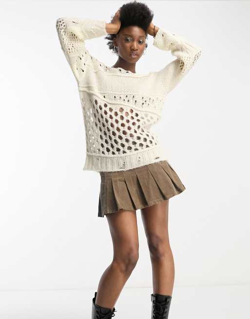 COLLUSION knitted open stitch detail oversized jumper in ecru, 4 of 4