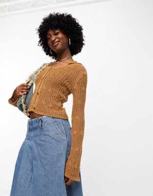 COLLUSION knitted open stitch shirt cardigan in burnt rust