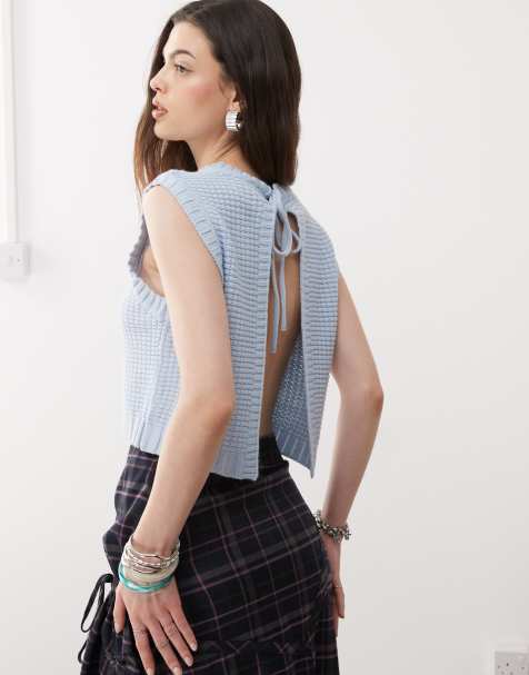 COLLUSION knitted open tie back singlet in soft blue - view 1