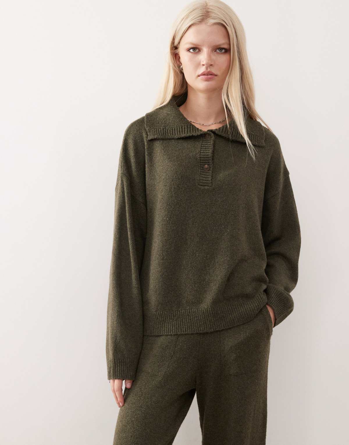 COLLUSION knitted oversized button up jumper co-ord in khaki