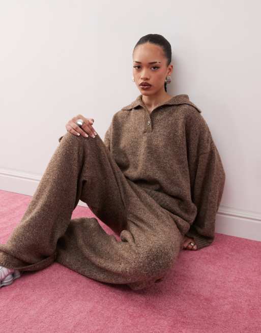 COLLUSION knitted oversized button up jumper in brown (part of a set)