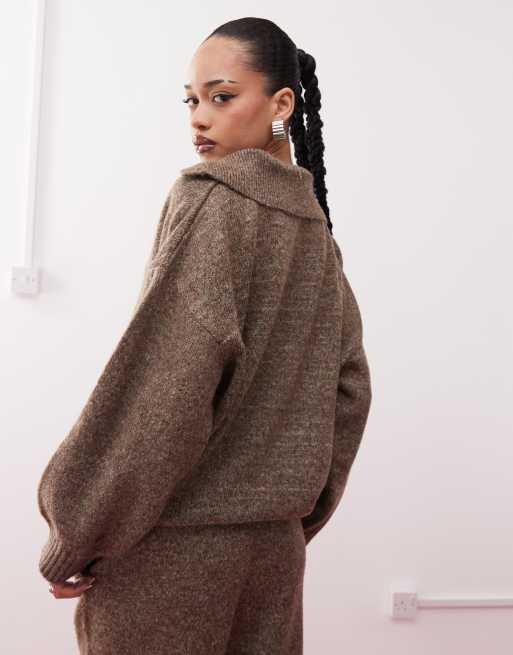 COLLUSION knitted oversized button up jumper in brown (part of a set)