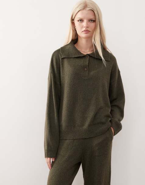 COLLUSION knitted oversized button-up jumper in khaki (Part of a set) - view 1