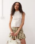 [Collusion] COLLUSION knitted patterned slash neck top in cream-White XS CREAM