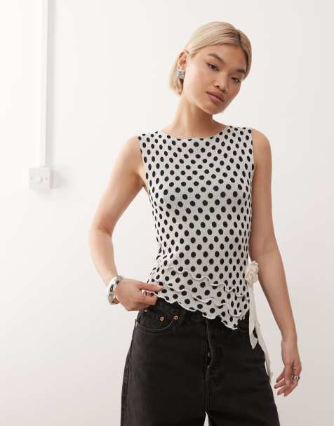 COLLUSION knitted polka dot slash neck frill top - view 1