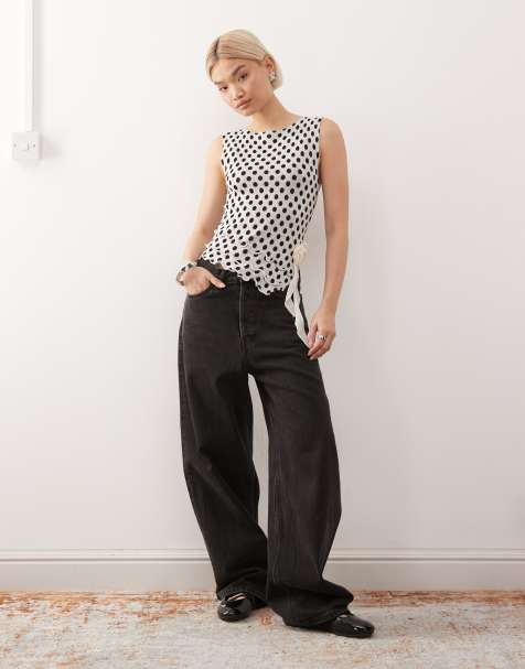 COLLUSION knitted polka dot slash neck frill top