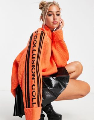 COLLUSION knitted printed roll neck jumper in bright orange