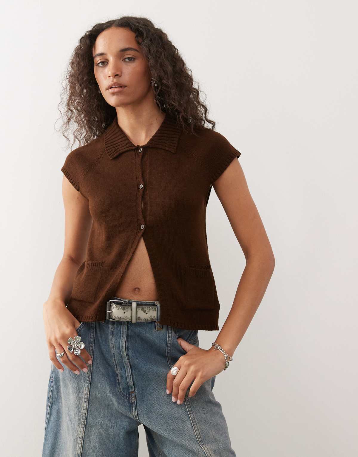 COLLUSION knitted raglan cap sleeve top in chocolate