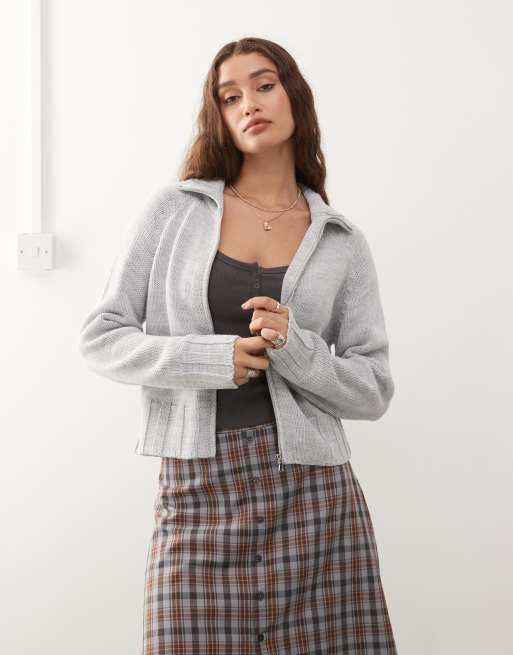 COLLUSION knitted raglan zip through with varsity number detail in grey, 2 of 4