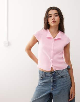 Collusion Knitted Rib Button Through Top In Pink